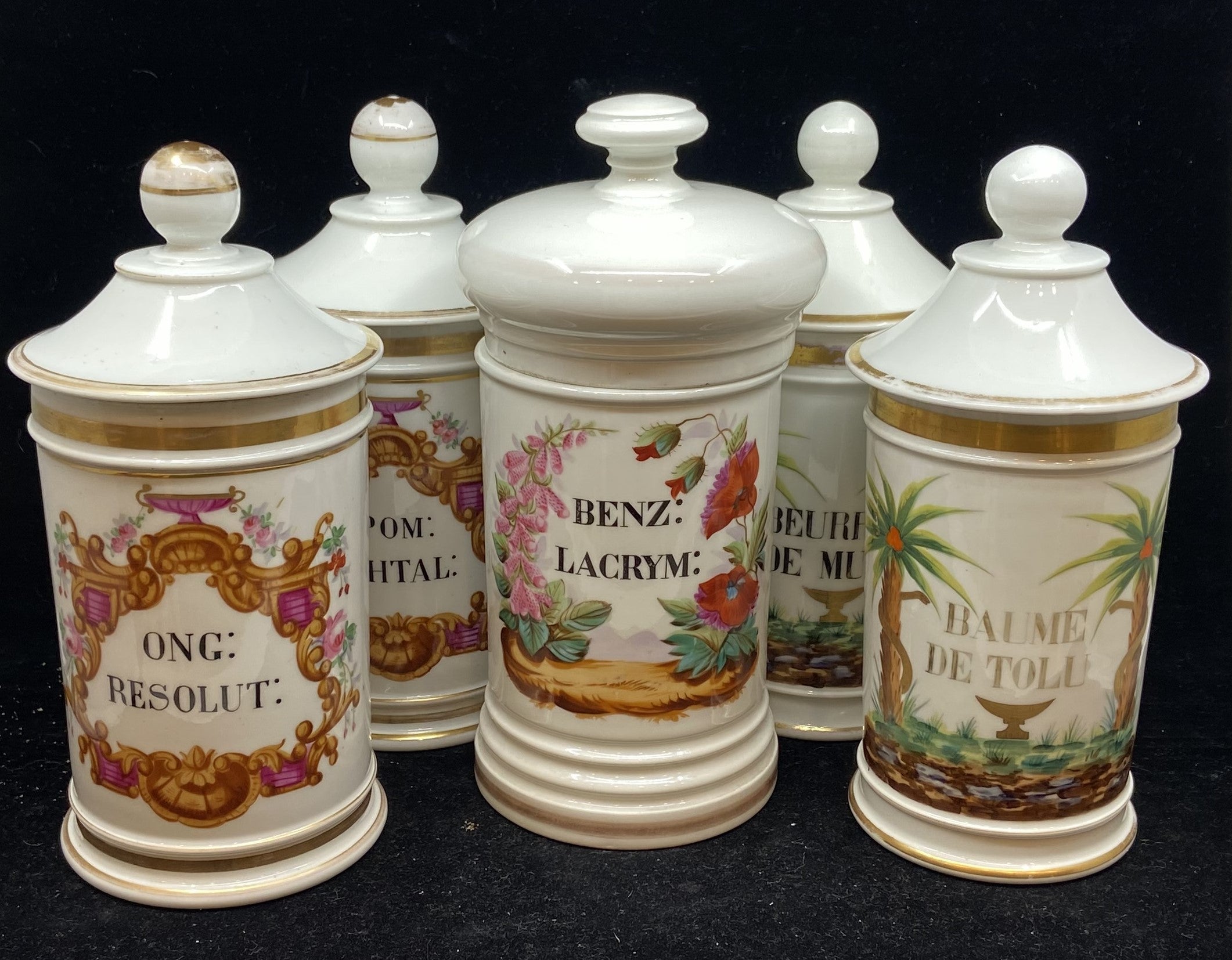 Set of Five English Lidded Glass Apothecary Jars - Fireside Antiques