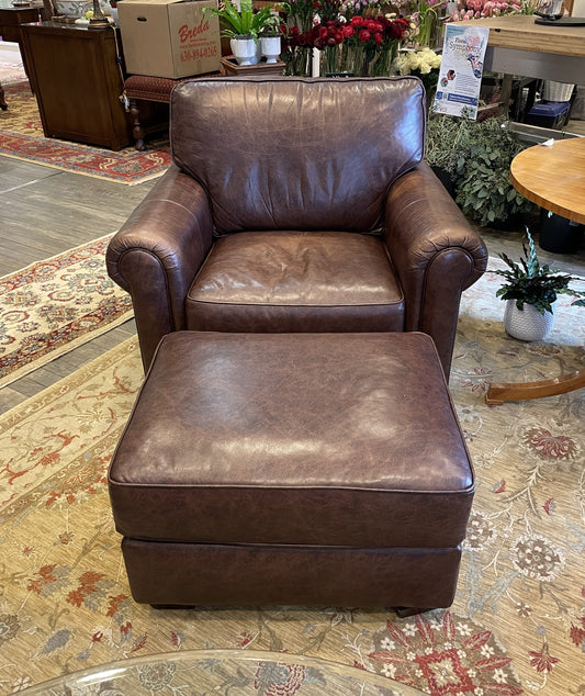 Walter E. Smithe Aniline Leather Chair and Ottoman AS IS (0AX006)