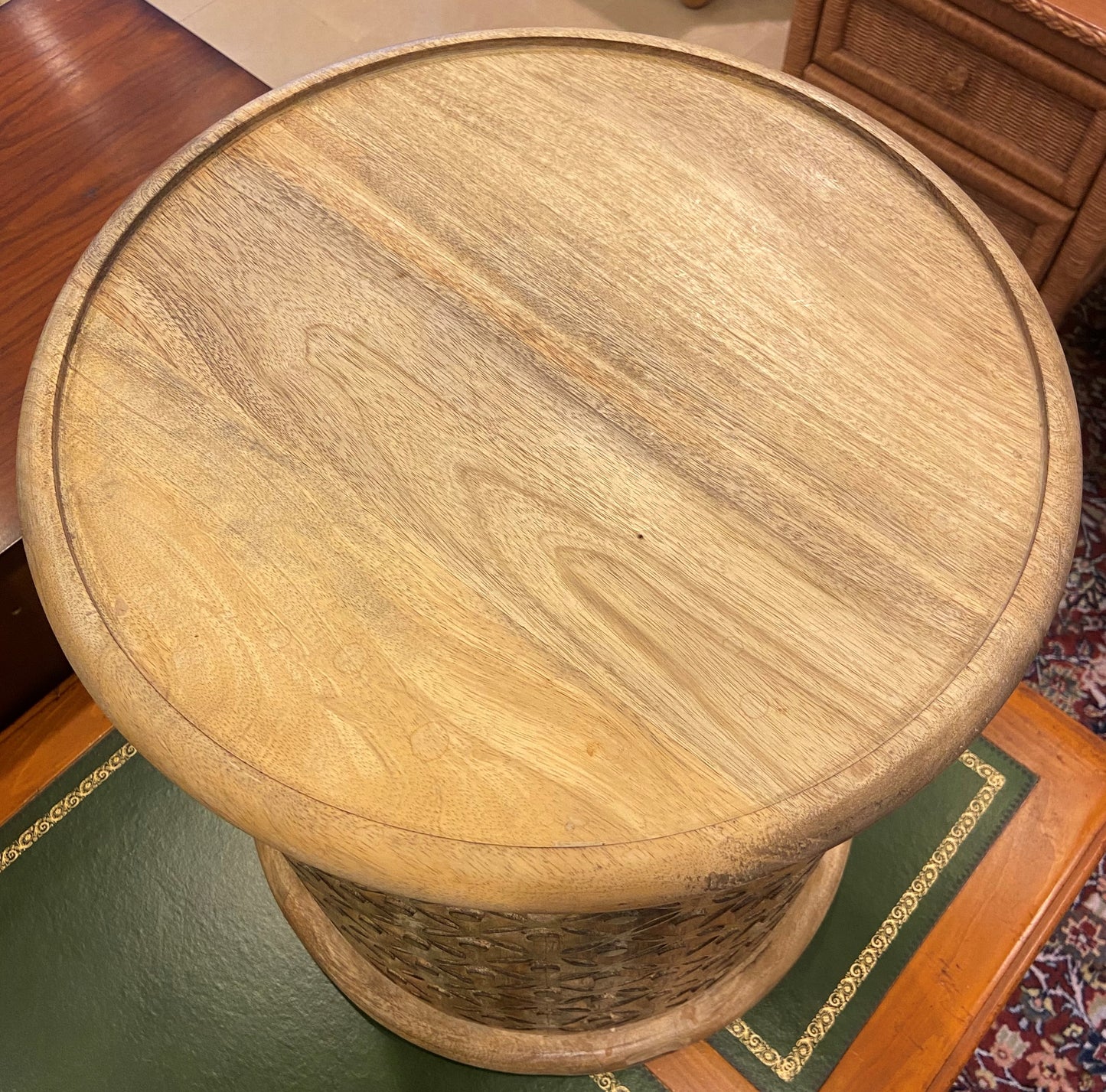 Wooden Carved Drum Side Table