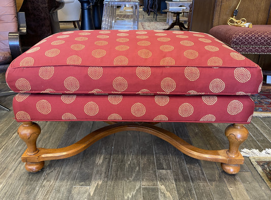 Red and Gold Upholstered Ottoman with Wooden Stretcher (0BZ016)