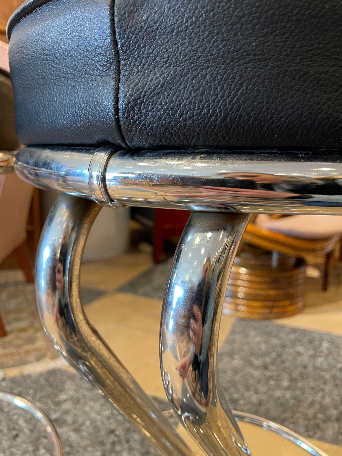 Pair of MCM Black Leather Stools