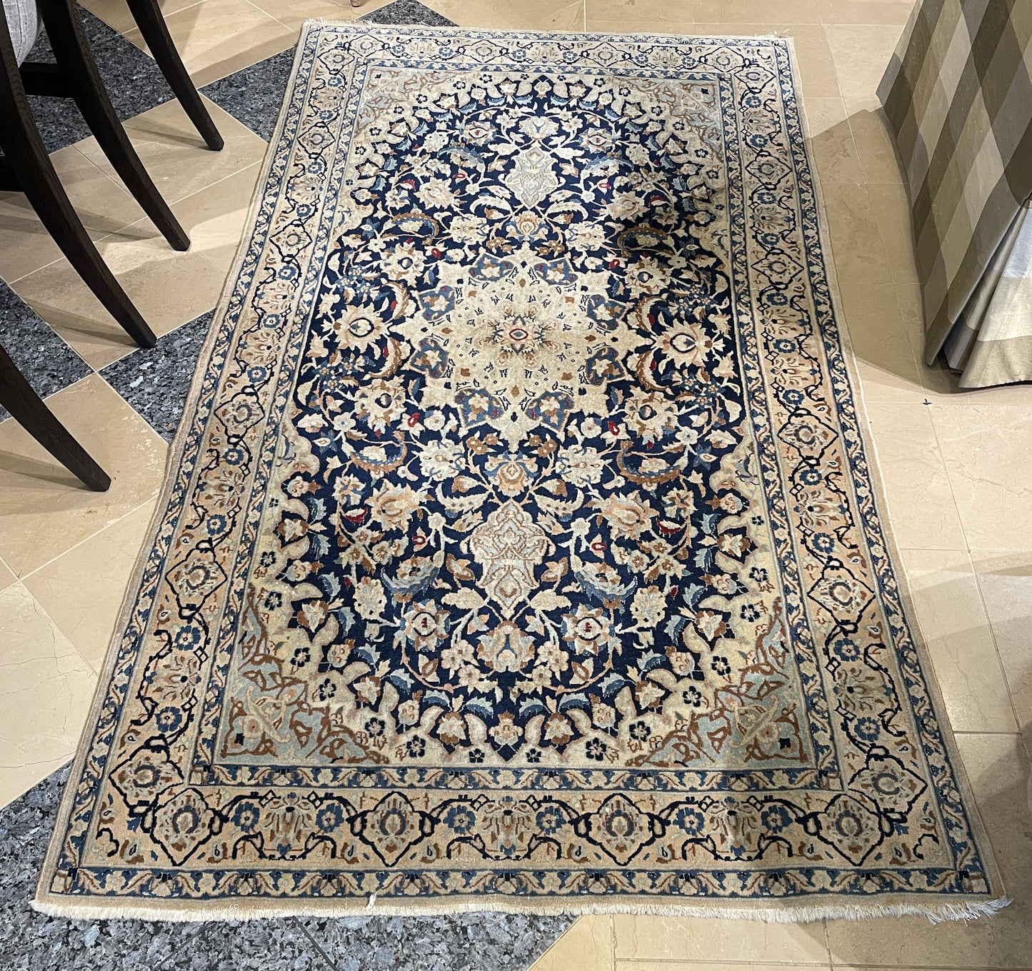 Hand Knotted Blue and Cream Rug 6.6x3 (68VYV6)