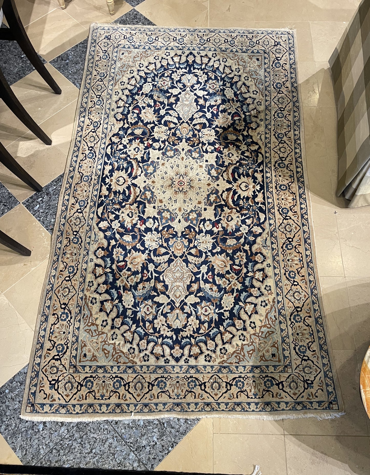 Hand Knotted Blue and Cream Rug 6.6x3 (68VYV6)