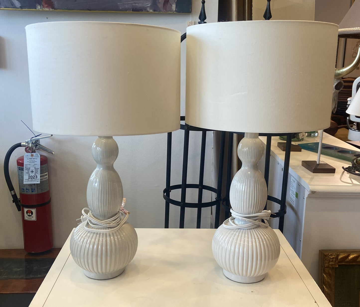 Crate and Barrel White Ceramic Lamp Pair (8H42WA)