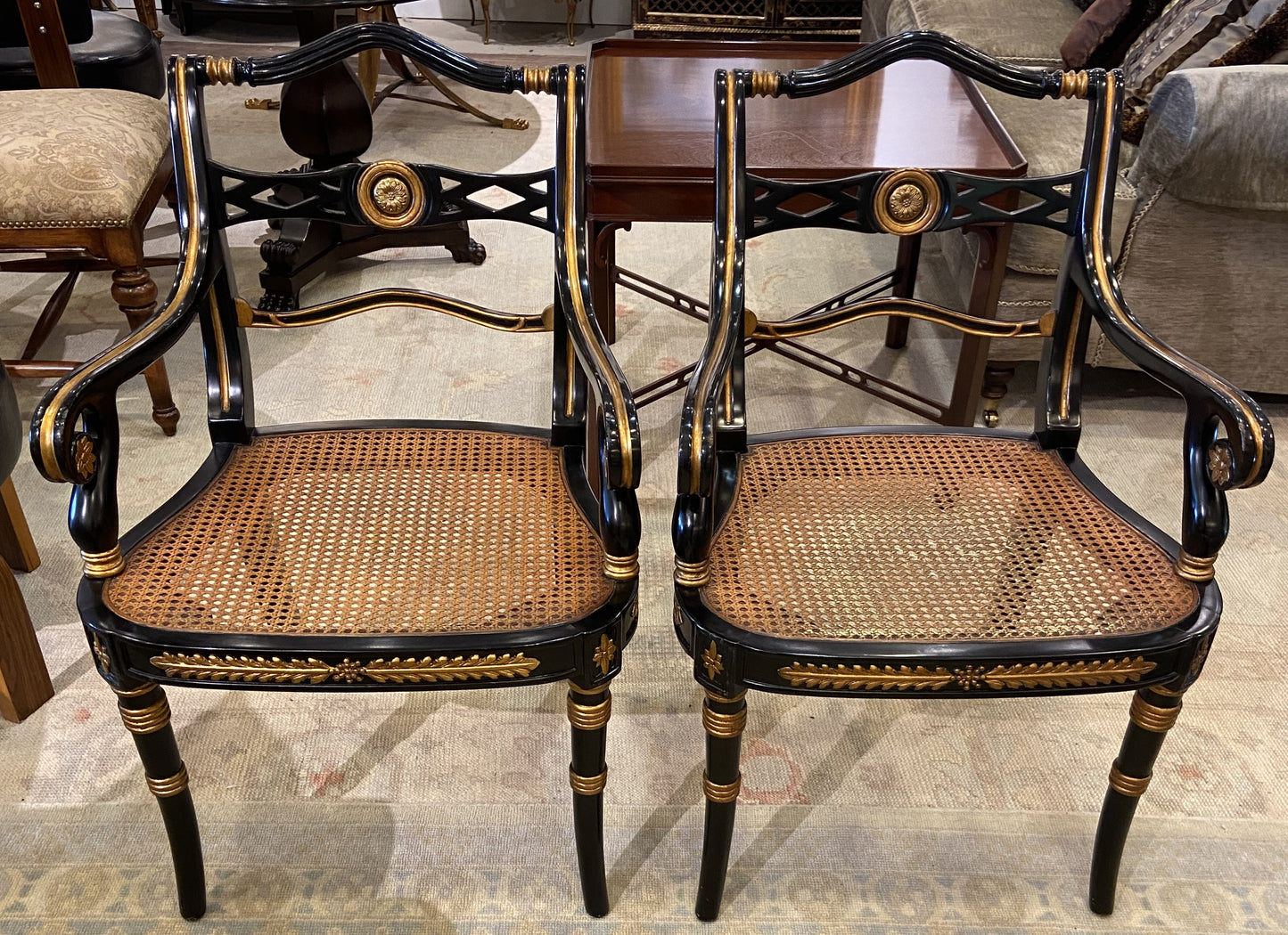 Pair of Black Regency Style Chairs with Arms (3QEQKX)