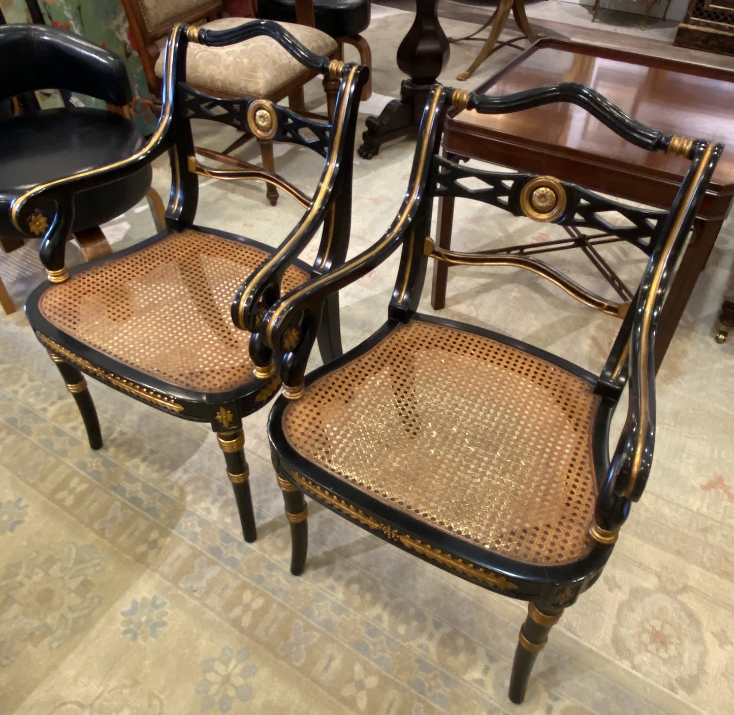 Pair of Black Regency Style Chairs with Arms (3QEQKX)