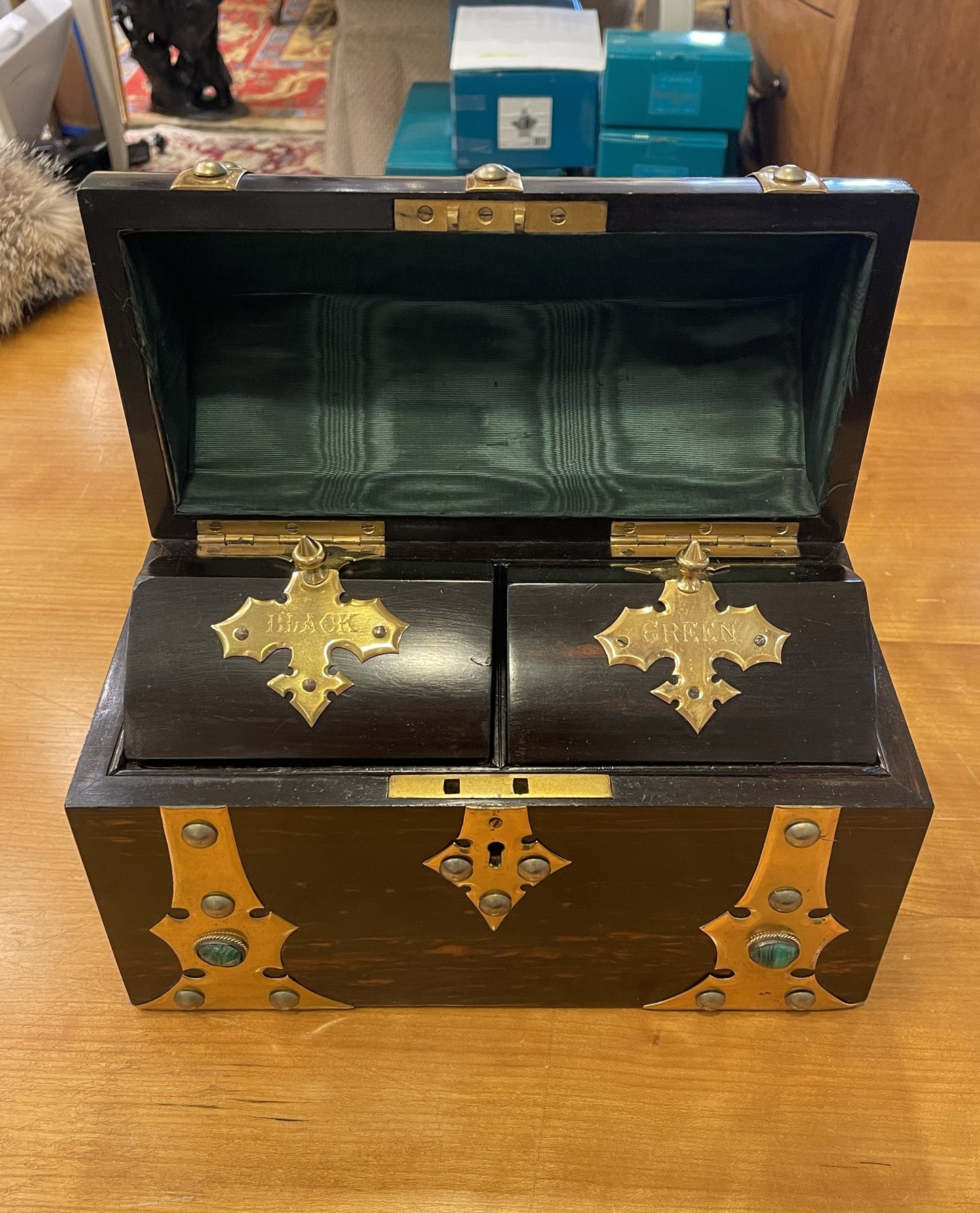 Antique 1800s Brass Top Tea Caddy with Gemstones (08E00V)