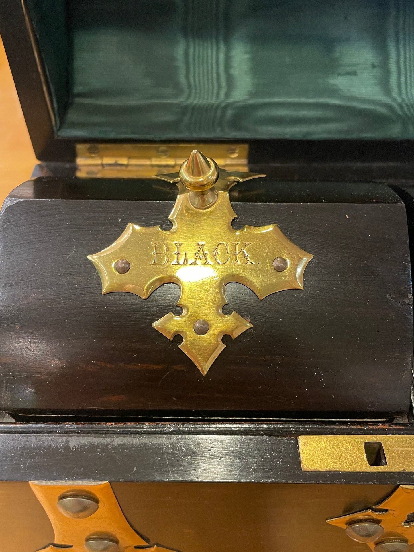 Antique 1800s Brass Top Tea Caddy with Gemstones (08E00V)