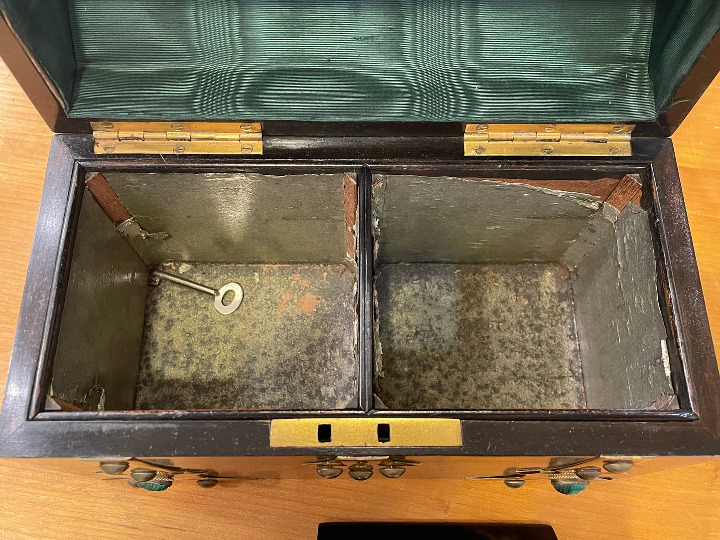 Antique 1800s Brass Top Tea Caddy with Gemstones (08E00V)