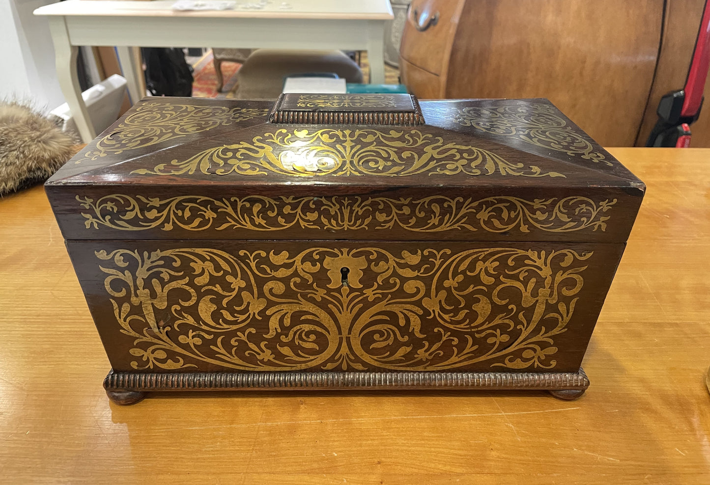 Antique Brass Boulle Work Tea Caddy (08E00W)