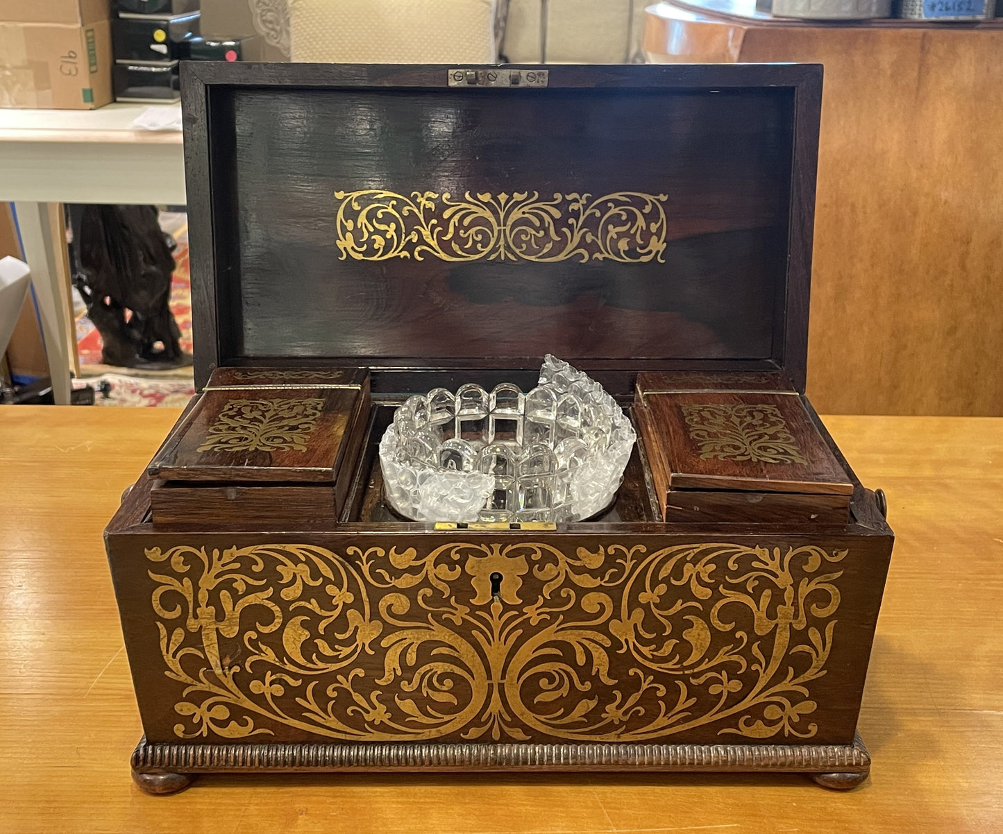 Antique Brass Boulle Work Tea Caddy (08E00W)