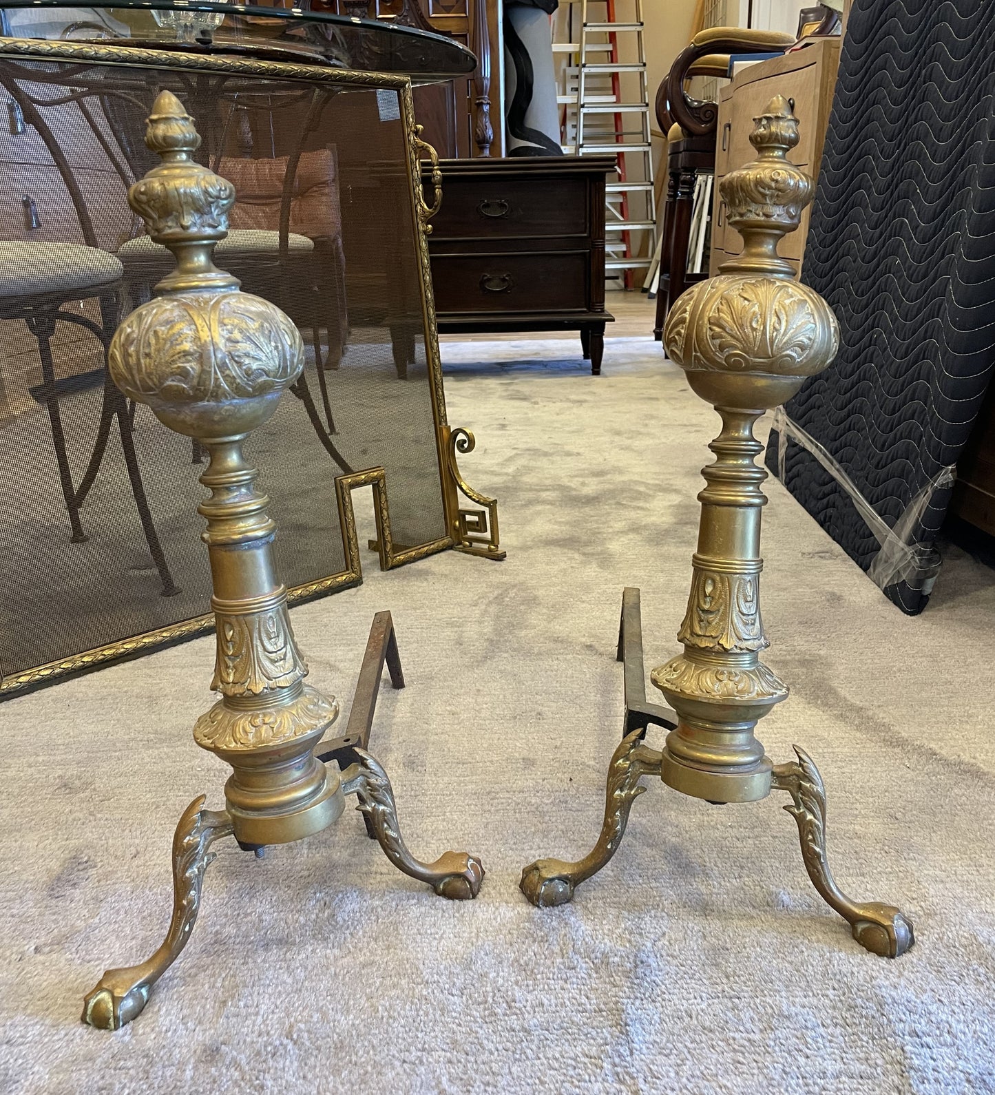 Pair Brass Andirons French AS IS (00Y005)