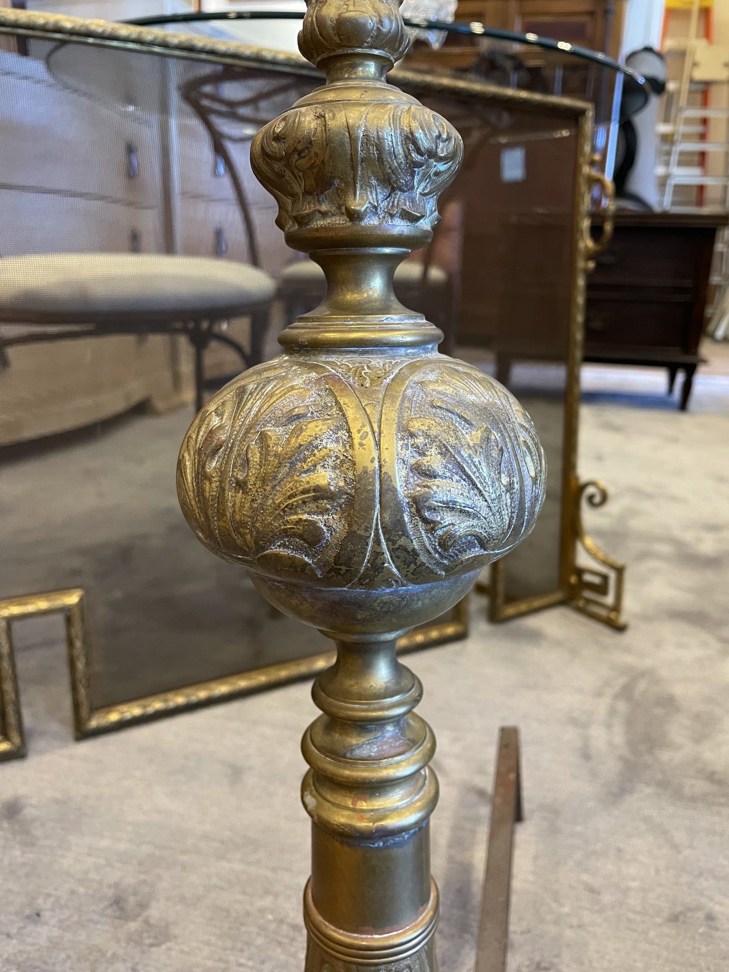 Pair Brass Andirons French AS IS (00Y005)