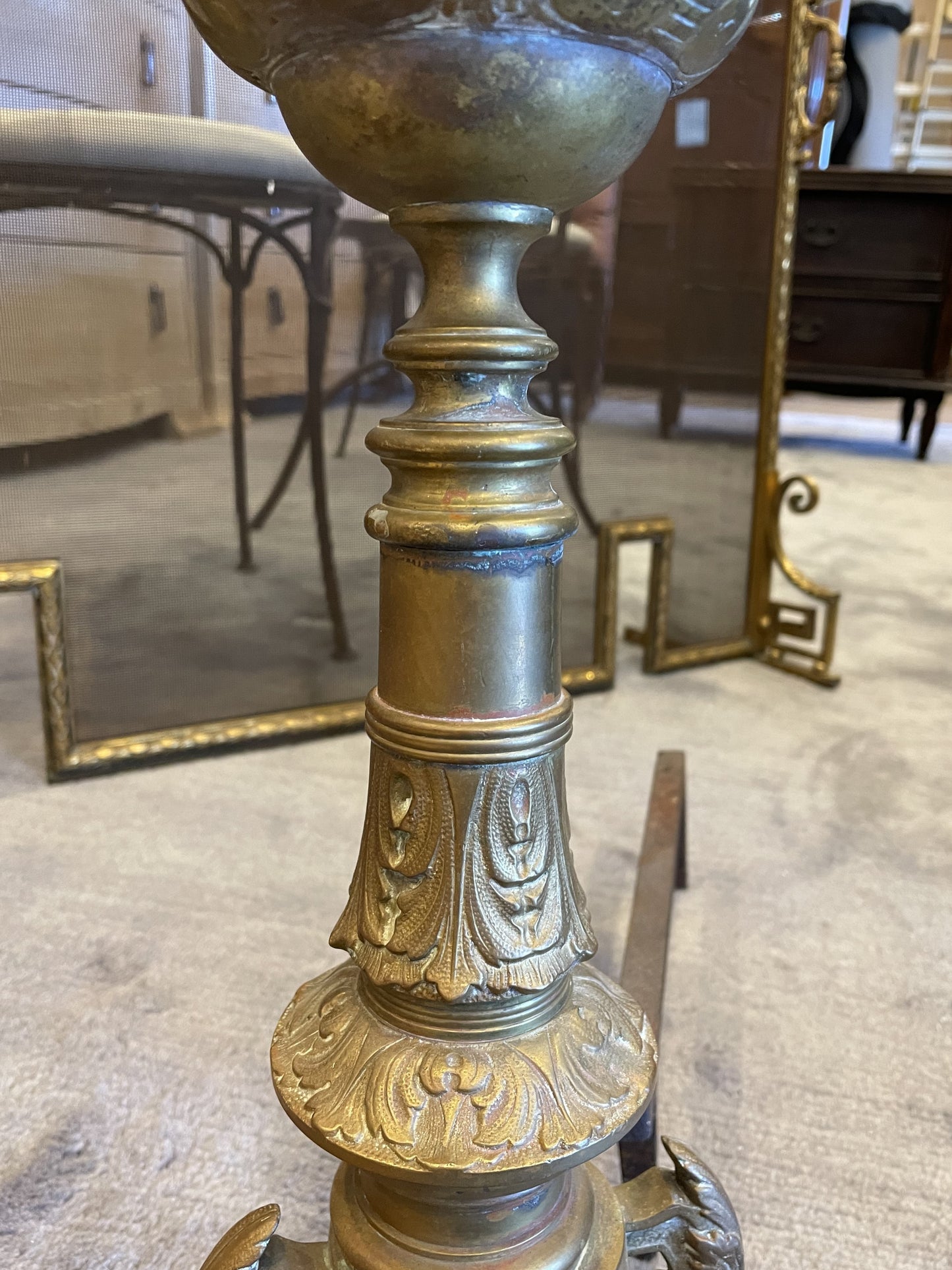 Pair Brass Andirons French AS IS (00Y005)