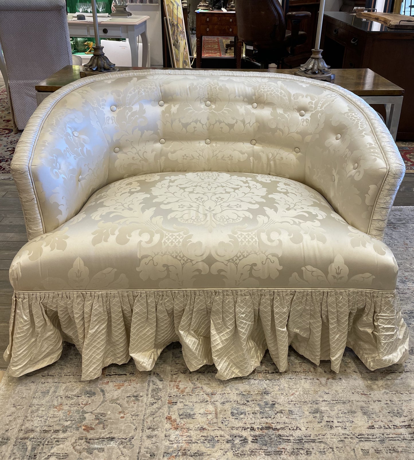 White Damask Settee AS IS (03H007)