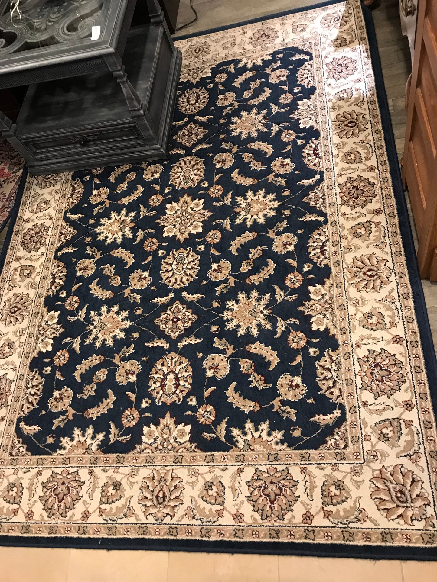 Dark Blue and Cream Machine-Made Rug