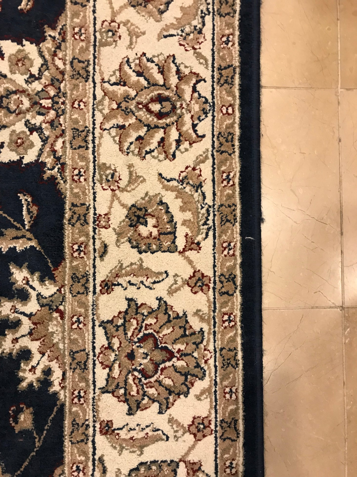 Dark Blue and Cream Machine-Made Rug