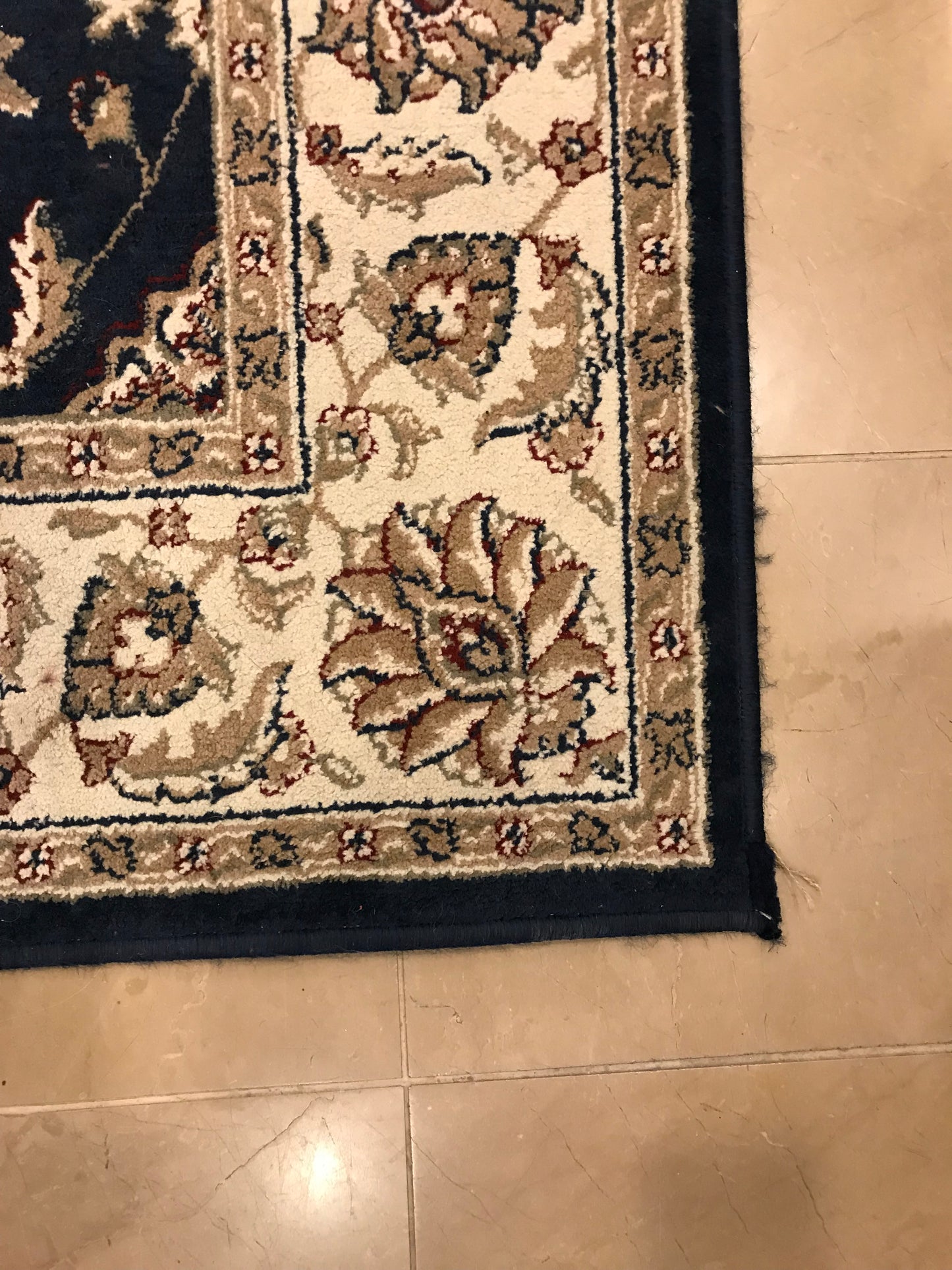 Dark Blue and Cream Machine-Made Rug